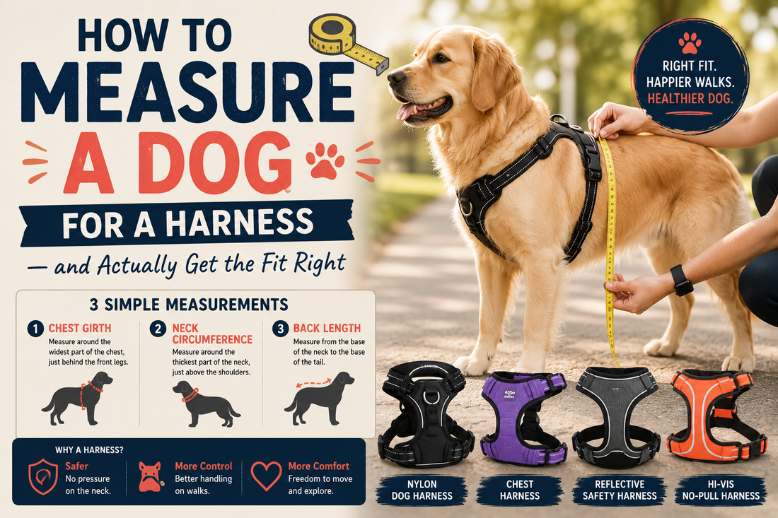Dog harness fitting guide showing how to measure a dog for a harness using a tape measure around chest girth for a snug and safe fit pet care