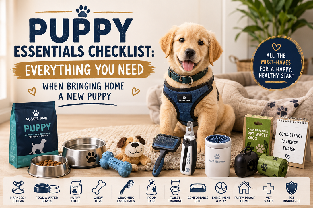 Puppy essentials checklist with a cute golden puppy wearing a collar and harness, surrounded by bowls, chew toys, grooming tools, and puppy food.
