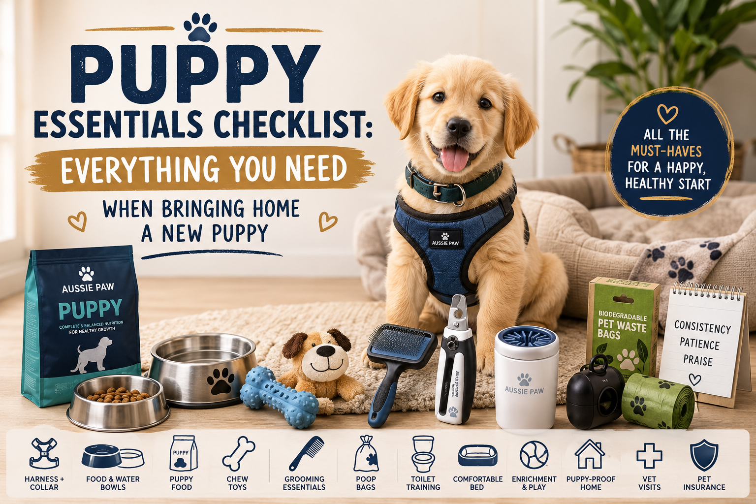 Puppy essentials checklist with a cute golden puppy wearing a collar and harness, surrounded by bowls, chew toys, grooming tools, and puppy food.