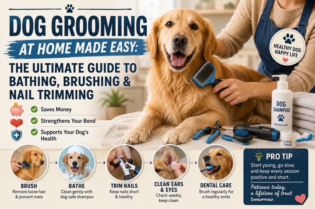Dog grooming at home guide showing brushing, bathing, nail trimming, and ear cleaning with a happy golden retriever