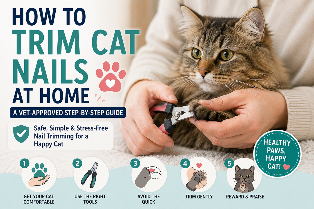 Person trimming a cat's nails at home using cat nail clippers safely