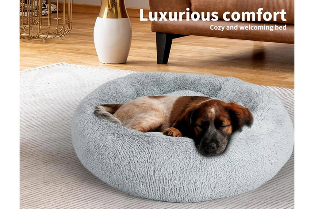 round Pet Calming Dog Bed Plush 120CM Xxxlarge Grey