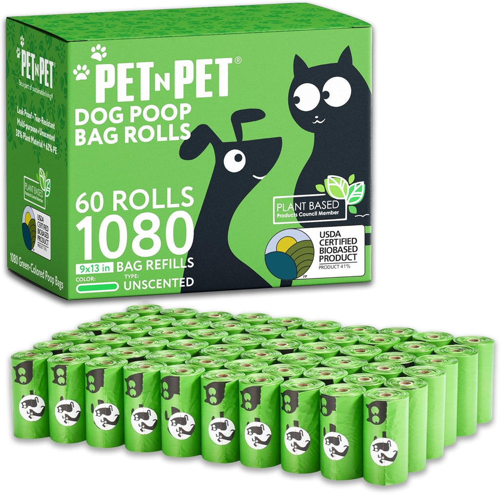 1080 Count Dog Poop Bags USDA 41% Plant Based 60 Rolls of Strong & Thick Dog Waste Poo Bags 9X13 Green Unscented Poop Holder