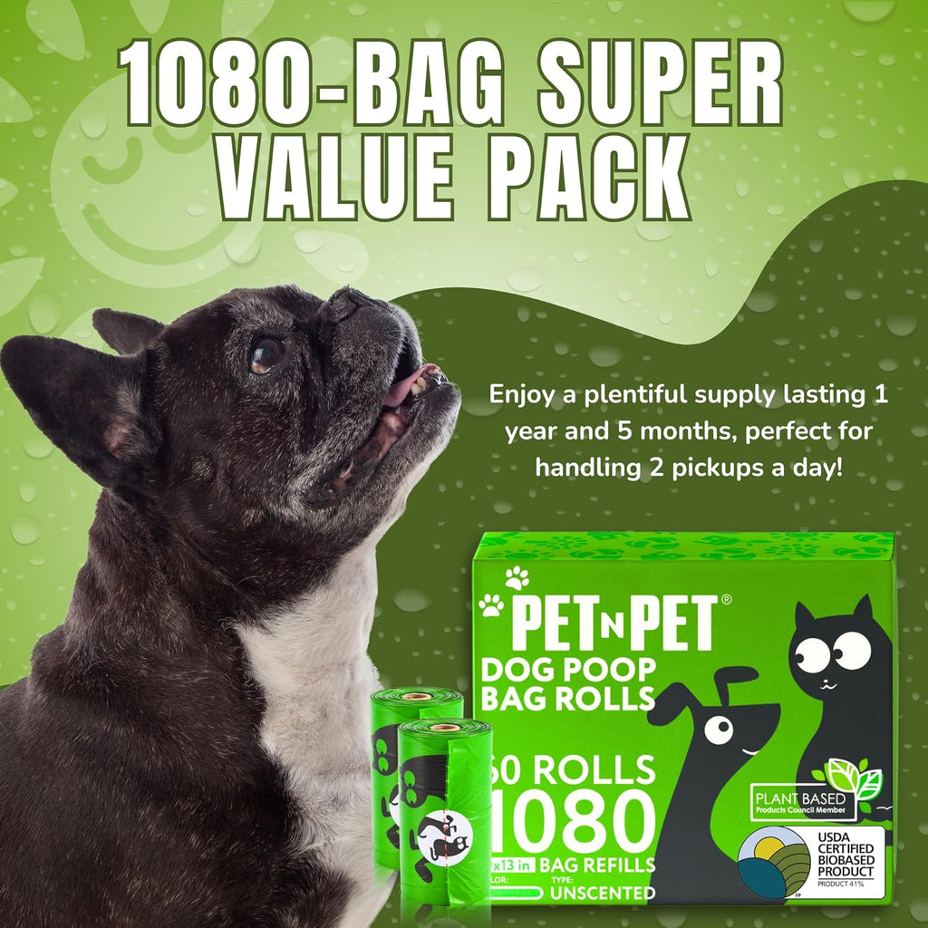 1080 Count Dog Poop Bags USDA 41% Plant Based 60 Rolls of Strong & Thick Dog Waste Poo Bags 9X13 Green Unscented Poop Holder