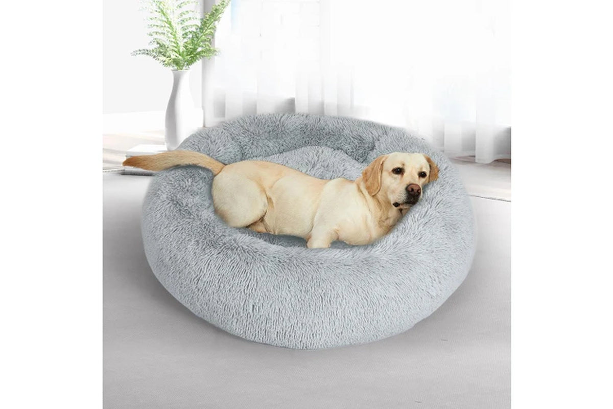 round Pet Calming Dog Bed Plush 120CM Xxxlarge Grey