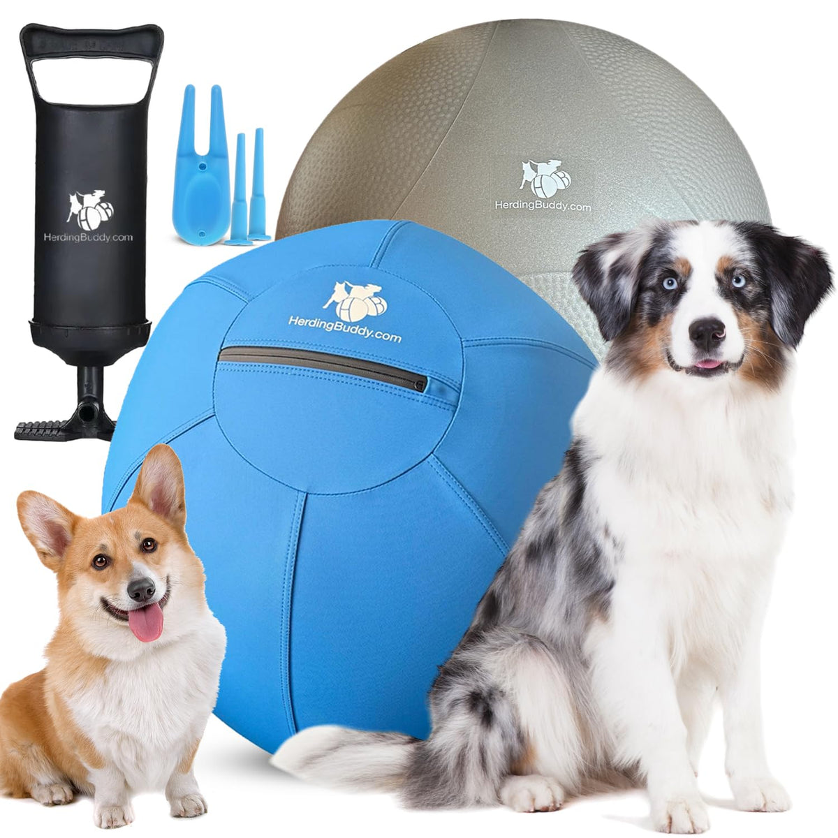 Herding Ball for Dogs - 18” Ball for Corgi Collie Cattle Dogs & Herding Dogs Under 27 Pounds - Heavy Duty Dual Layered Cover - Thick Anti-Burst Ball - High Flow Foot Pump
