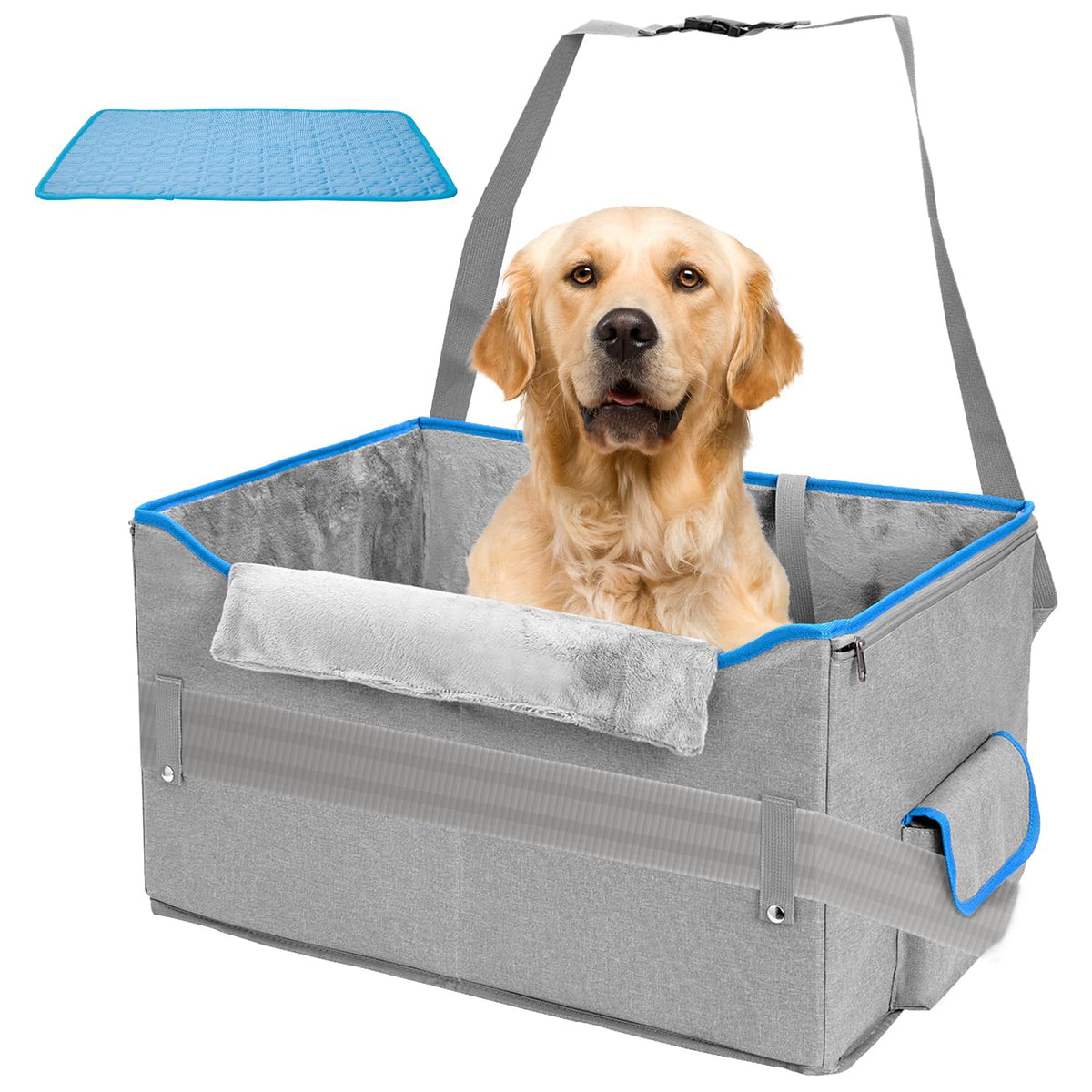 Dog Car Seat with Summer Cooling Mat for Dog Cajmols Portable Pet Dog Booster Car Seat for Dogs Under 55 lbs or 2 Small Dogs Pet Car Seat Travel Bed with Storage Pockets and Dog Safety Belt
